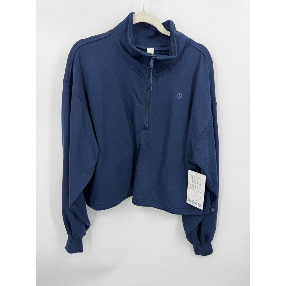 Lululemon Cotton Terry Tennis Half Zip Women XL Navy Cropped Pullover LW3IQ7S